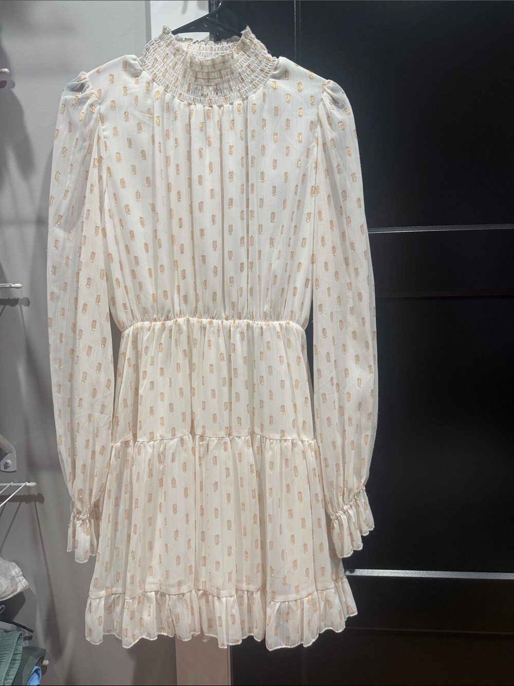 Cream Women's Tiered Dress with Gold Dot Print and Smocked Neck